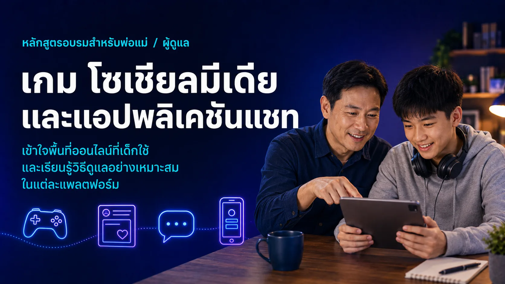 ภาพประกอบหลักสูตรผู้ปกครองสำหรับ เกม โซเชียลมีเดีย และแอปแชท